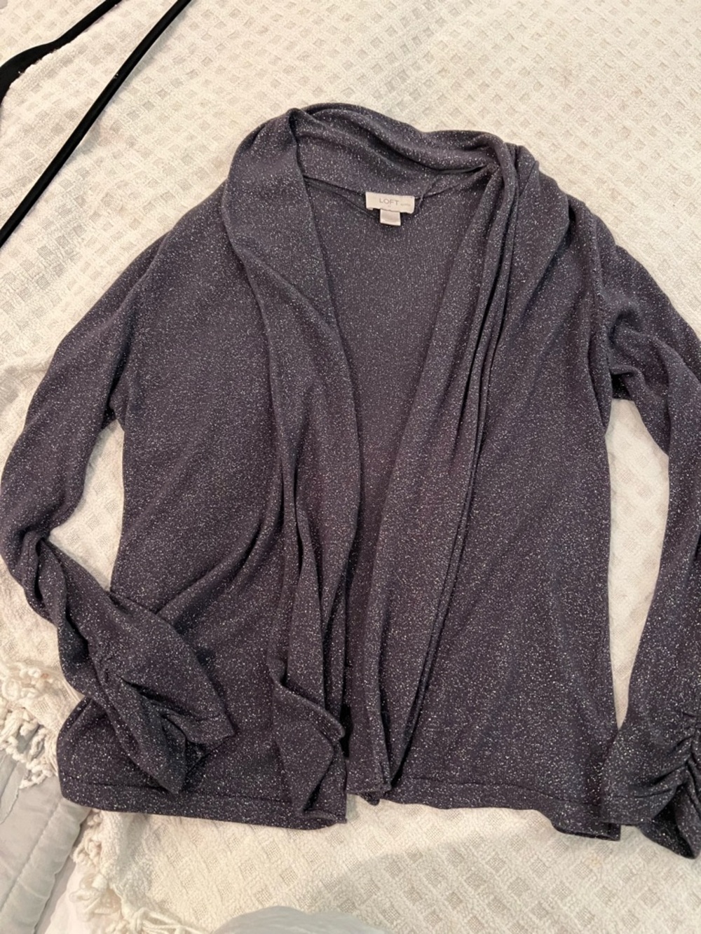 LOFT Metallic Charcoal Open-Front Drape Cardigan